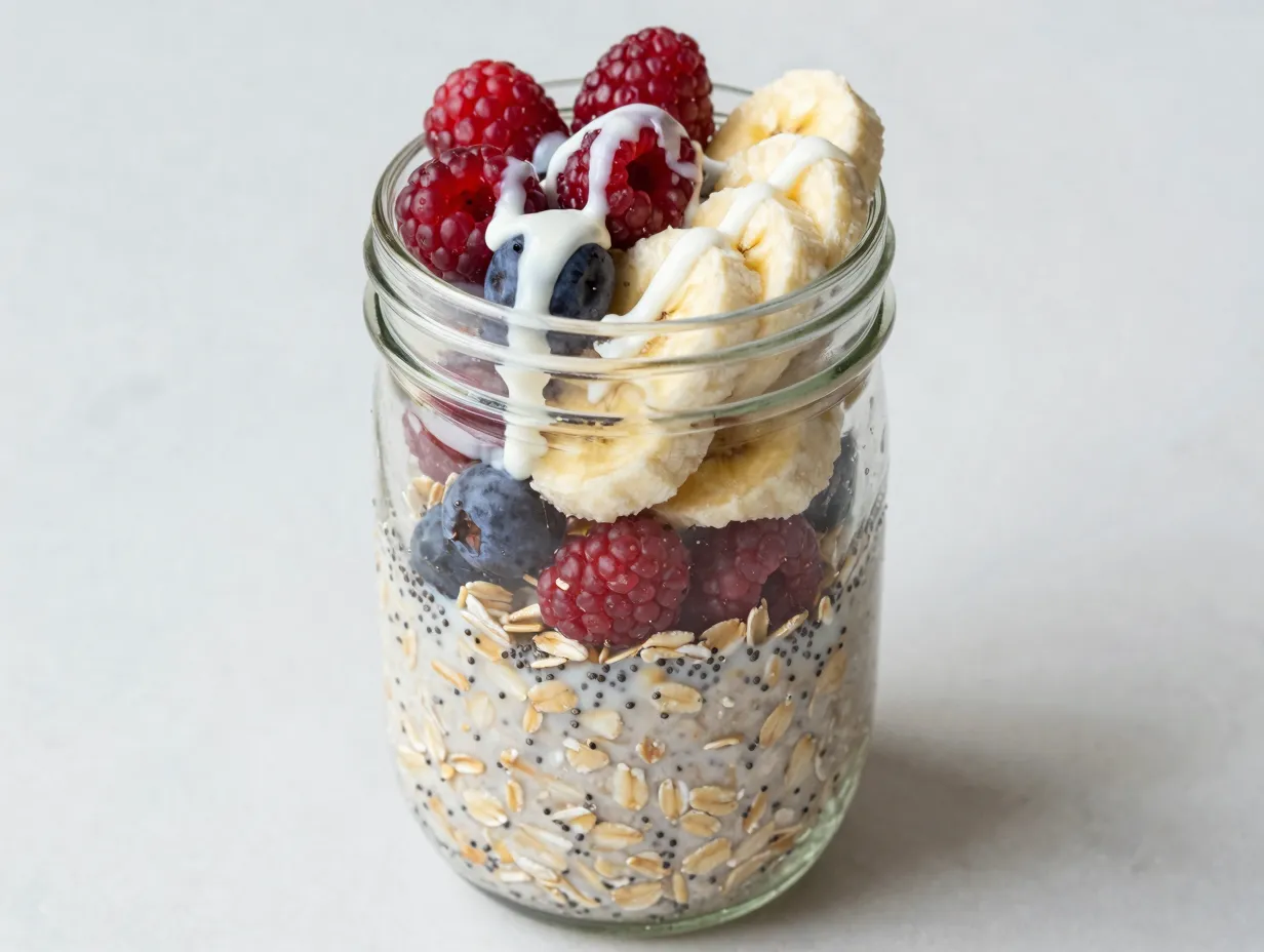 Overnight oats jar with fresh berries and sweet cream drizzle