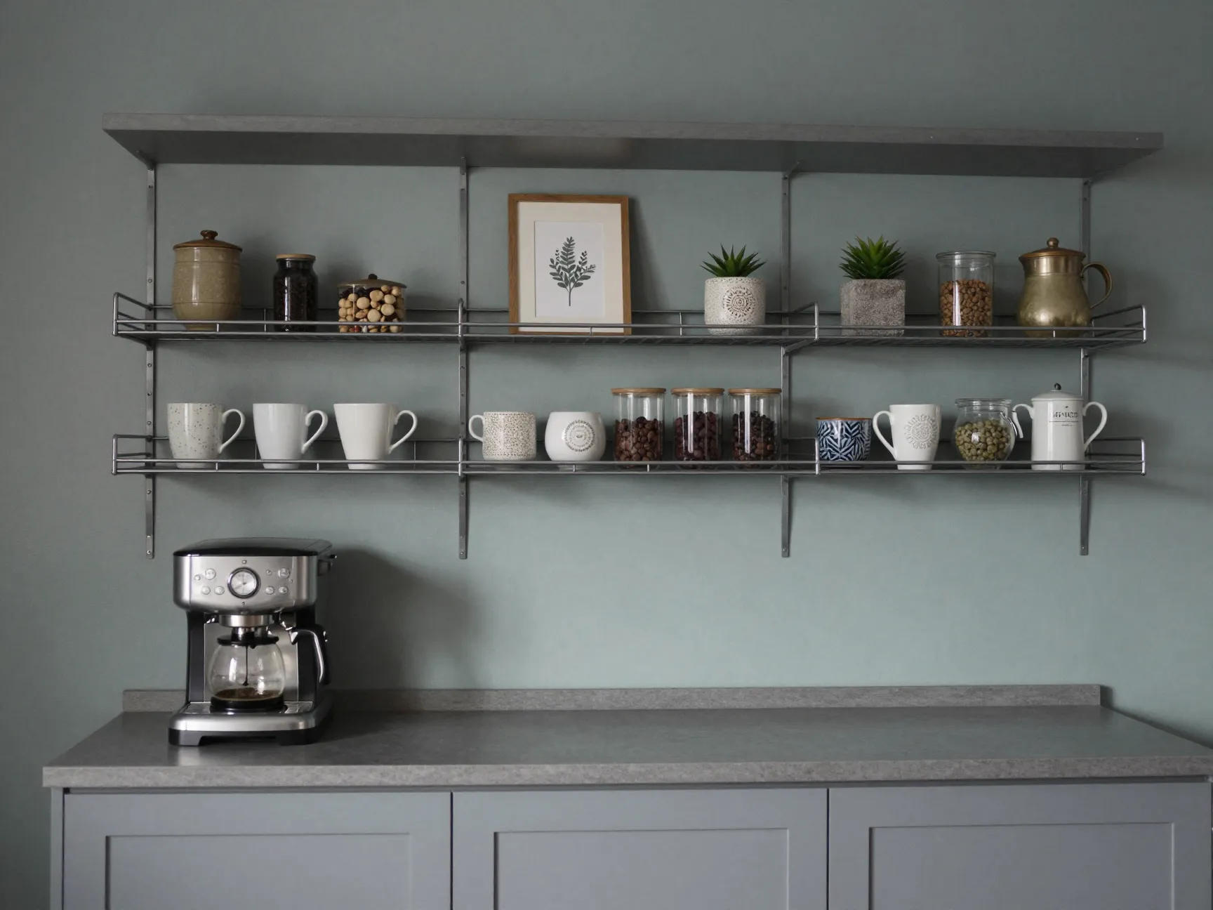 Utility shelving coffee station on open kitchen wall