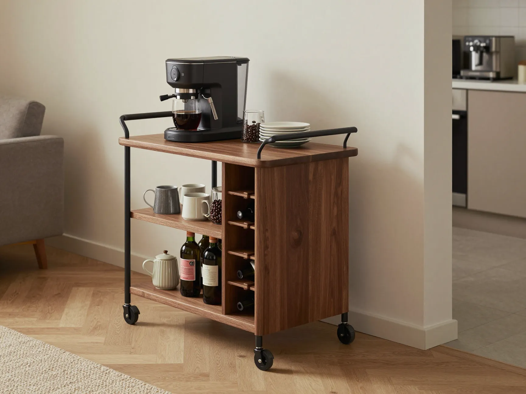 Bar cart coffee station with wine rack pod storage