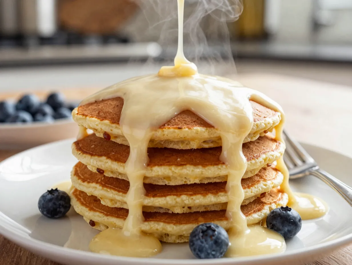 Pancake stack with warmed vanilla sweet cream sauce drizzle