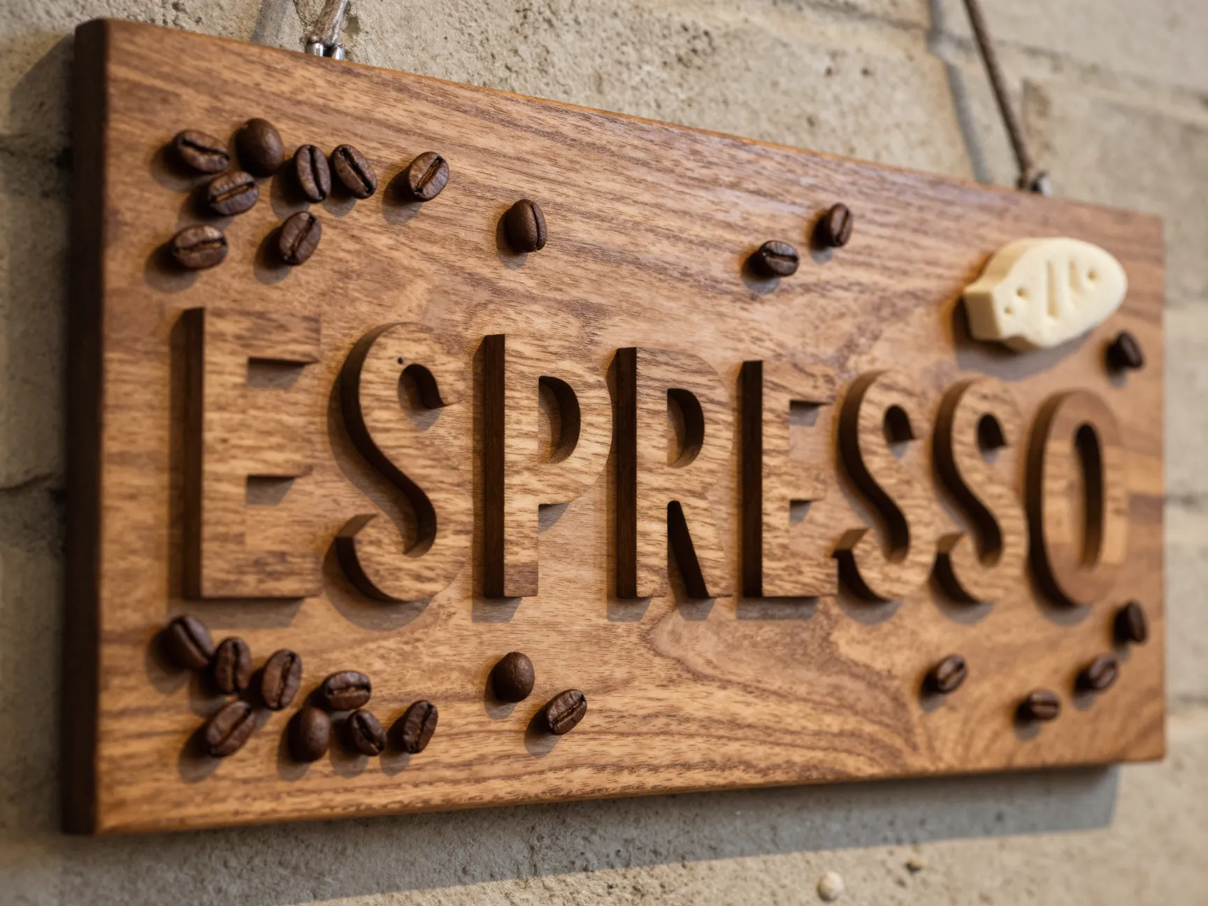 Artistic wooden 3d menu board with carved letters and coffee beans