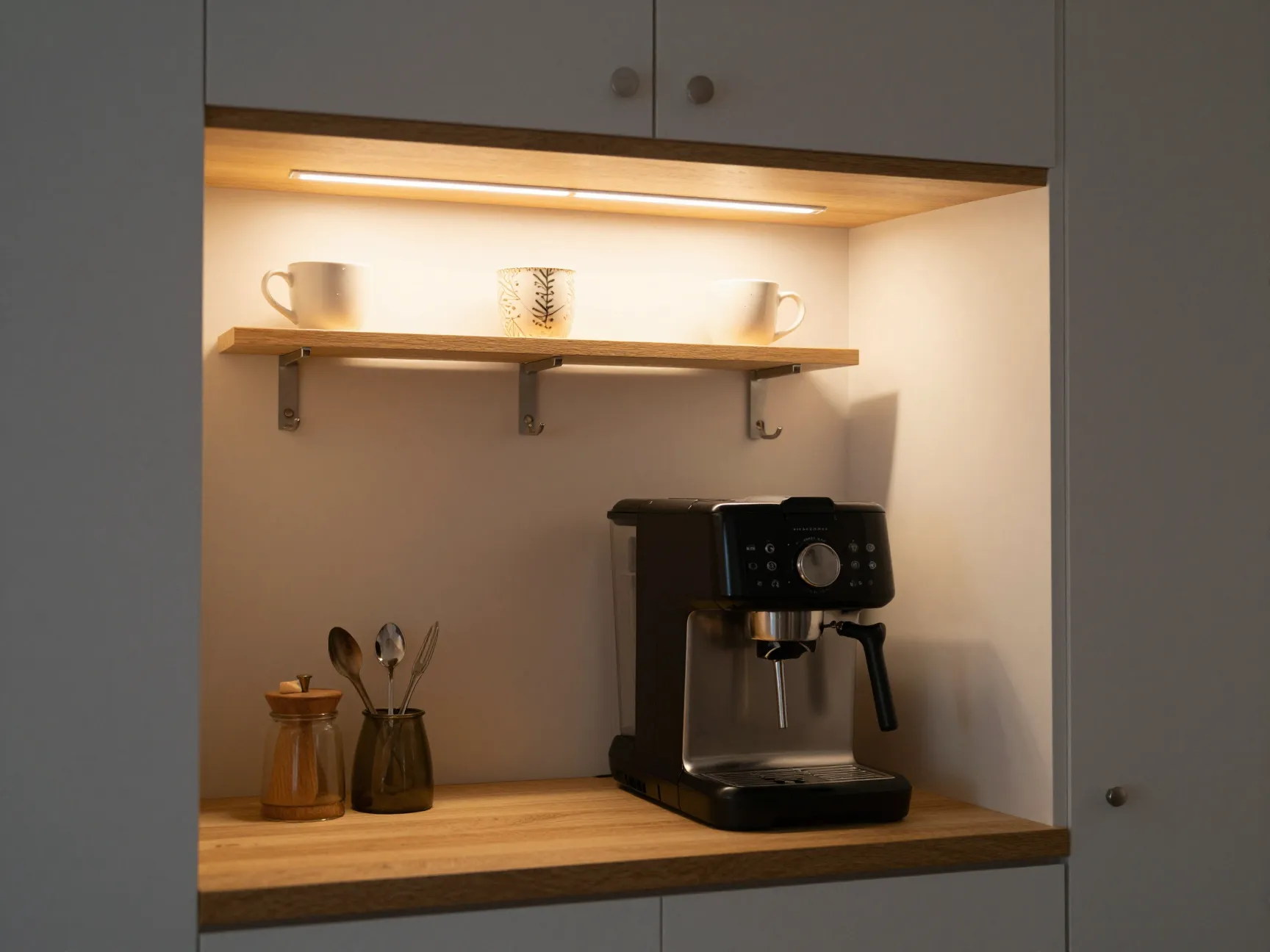 Awkward nook coffee station with shelf hooks lighting