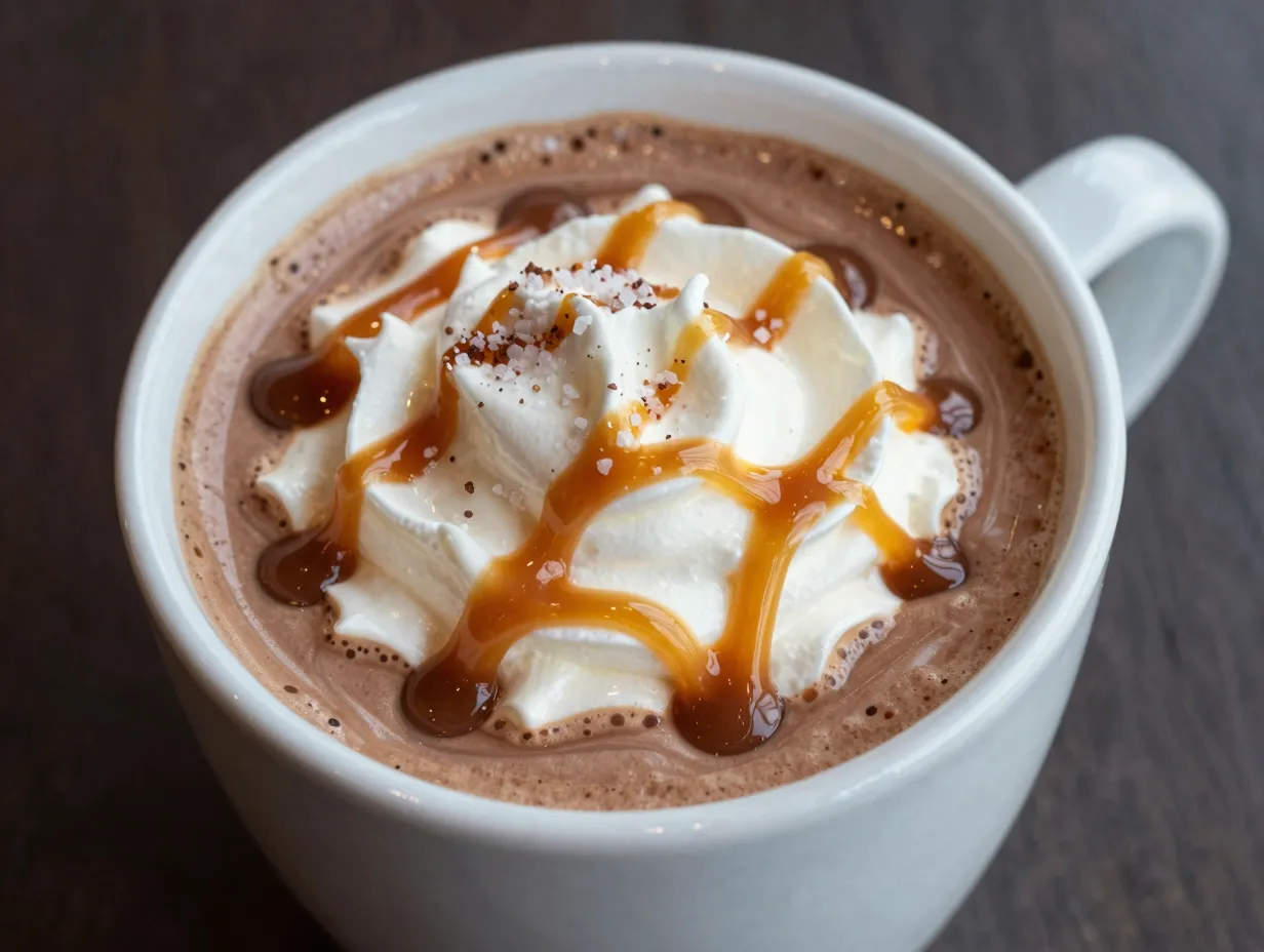 Salted caramel mocha with drizzle and sea salt