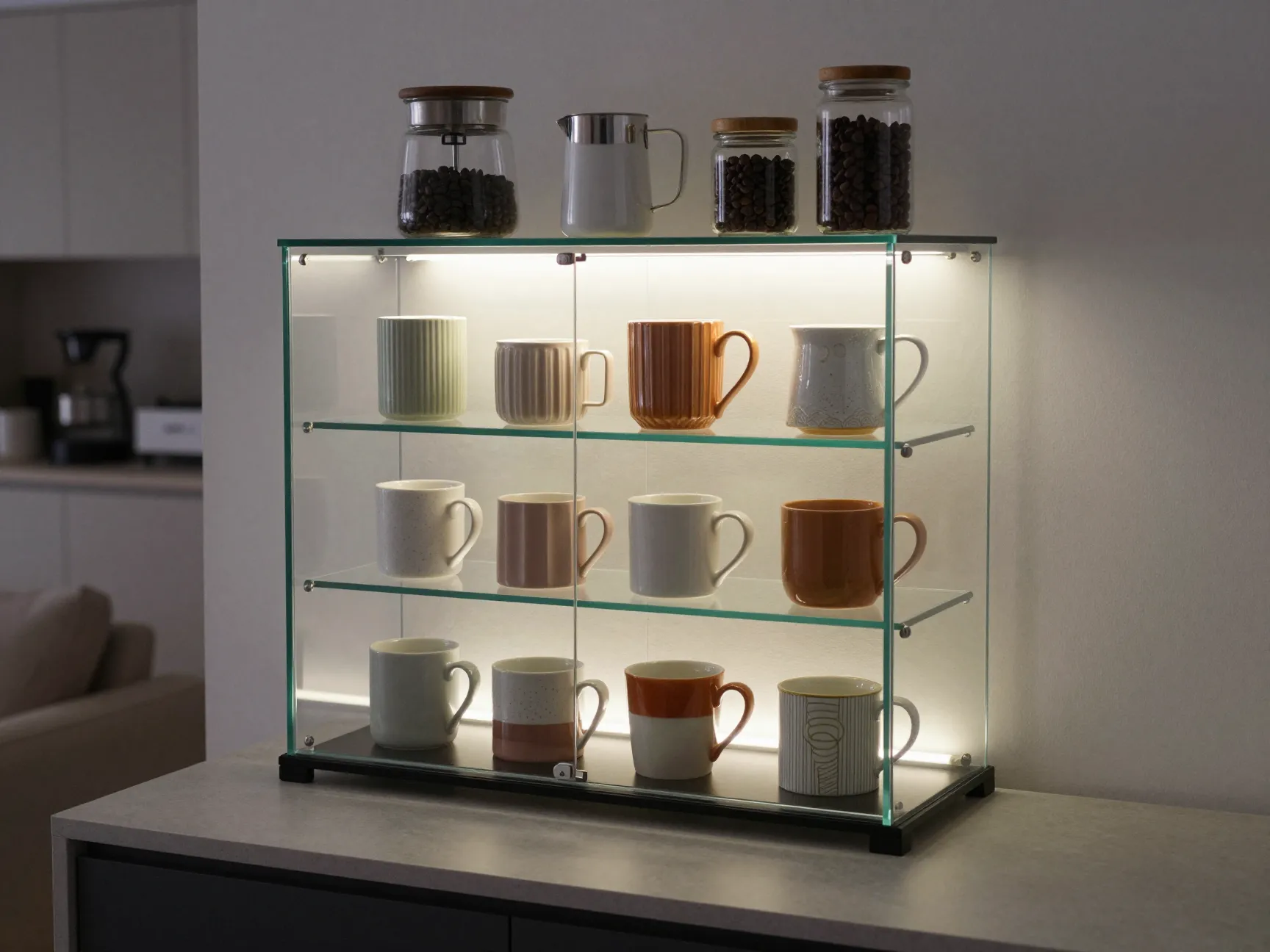 Glass cabinet display coffee bar with led lighting