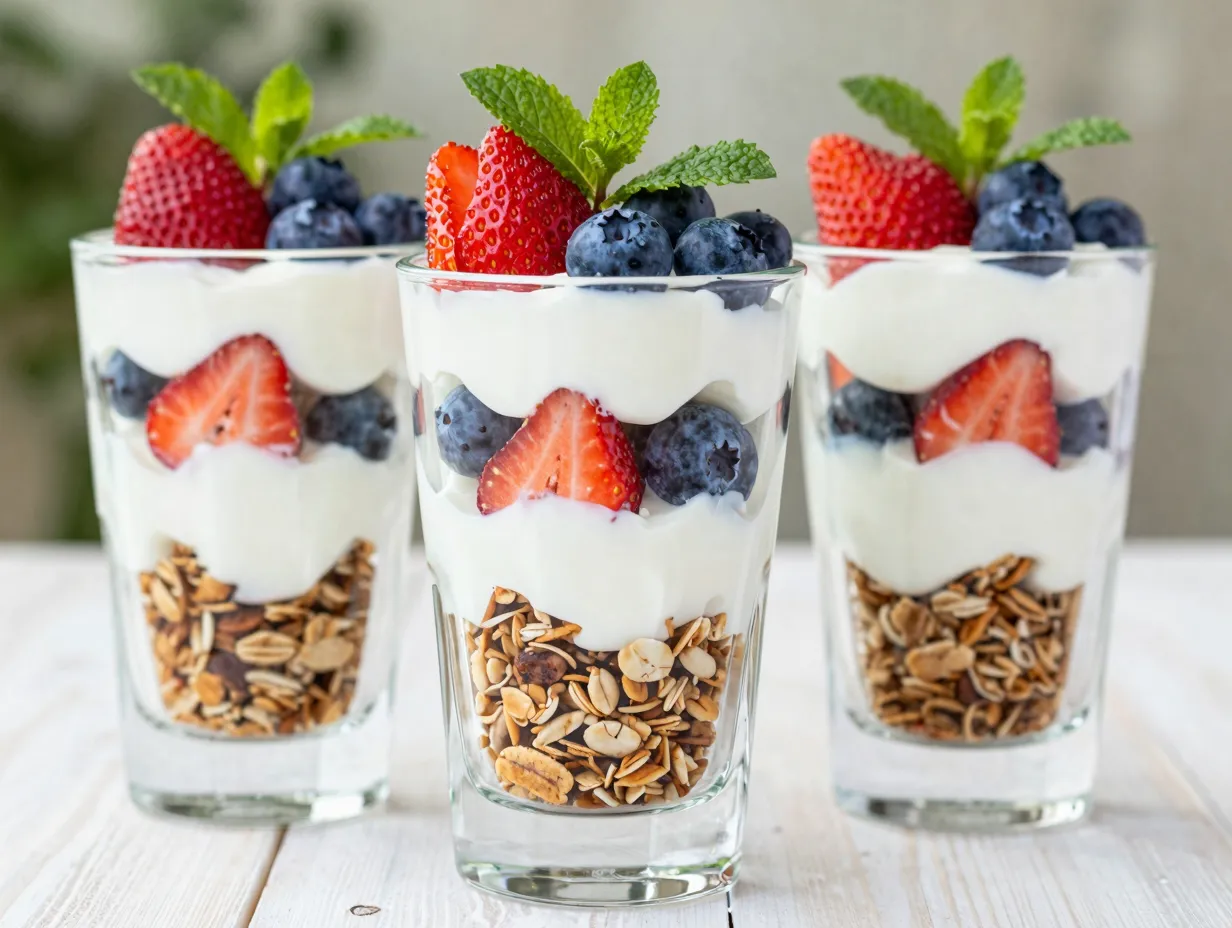 Layered fruit parfait with yogurt granola and vanilla cream