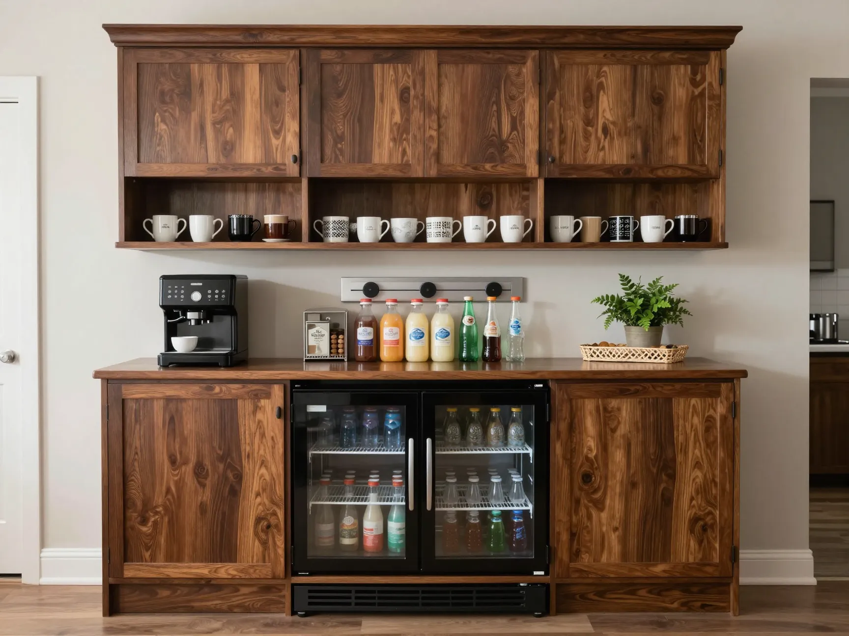Beverage center combo coffee bar with fridge shelves