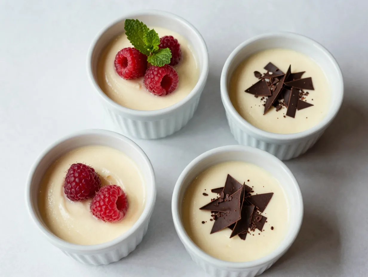 Chilled vanilla cream mousse in ramekins with fresh fruit topping