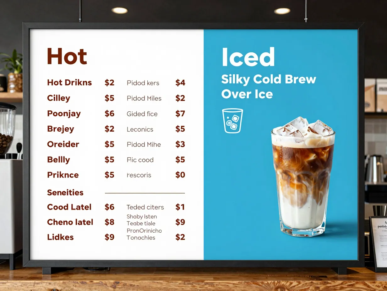 Dedicated iced drink menu section with cool blue color coding