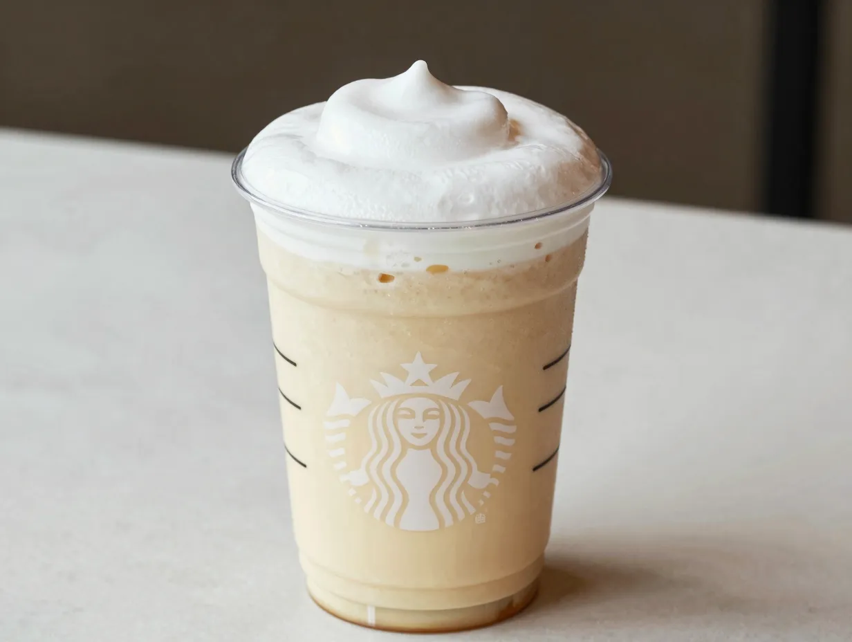 Cold foam topper on vanilla bean creme frappuccino in clear cup