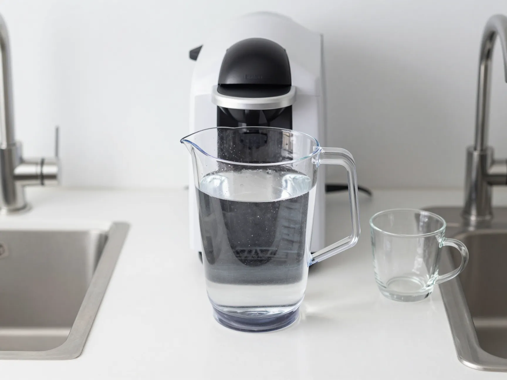 Filtered water in clear pitcher with keurig machine background
