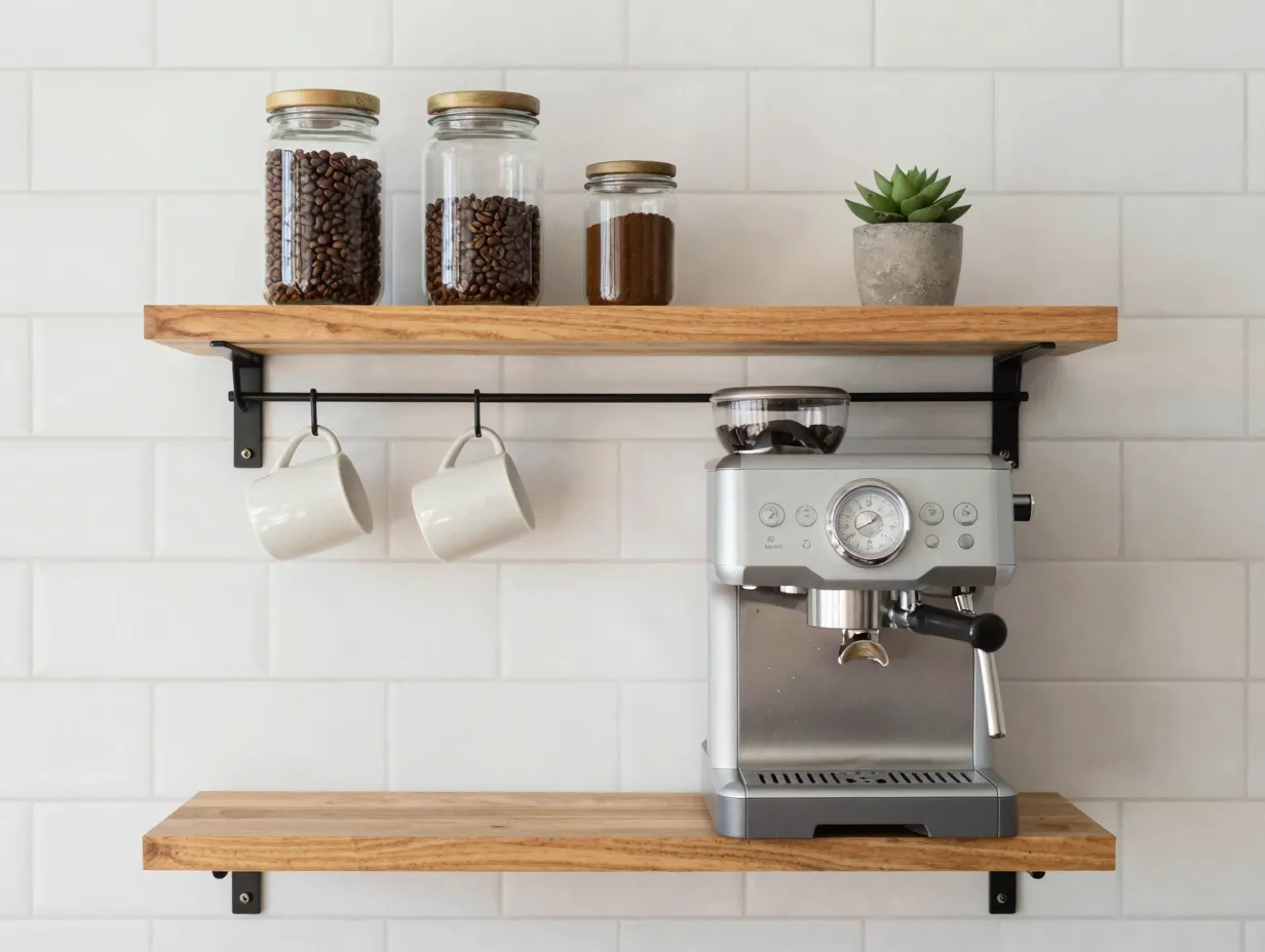 Floating shelf coffee station with glass jars and hanging mugs on a tile wall