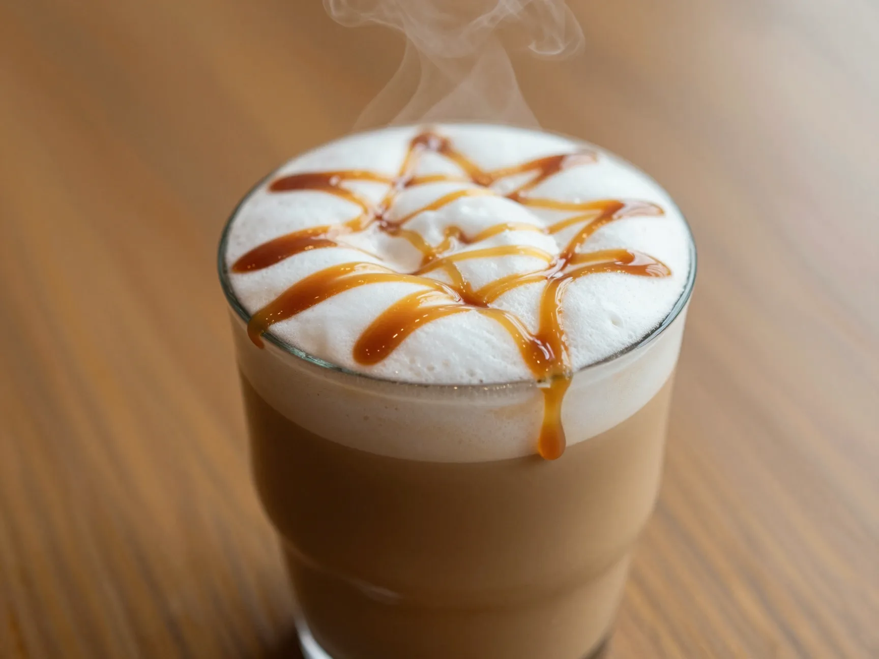 Hot caramel macchiato in a grande cup with extra caramel drizzle