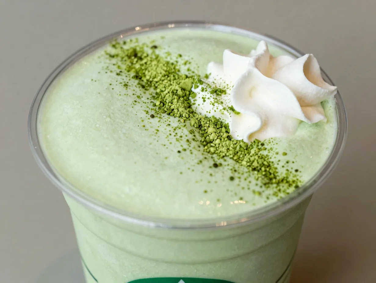 Matcha powder blended into green tinted vanilla bean frappuccino