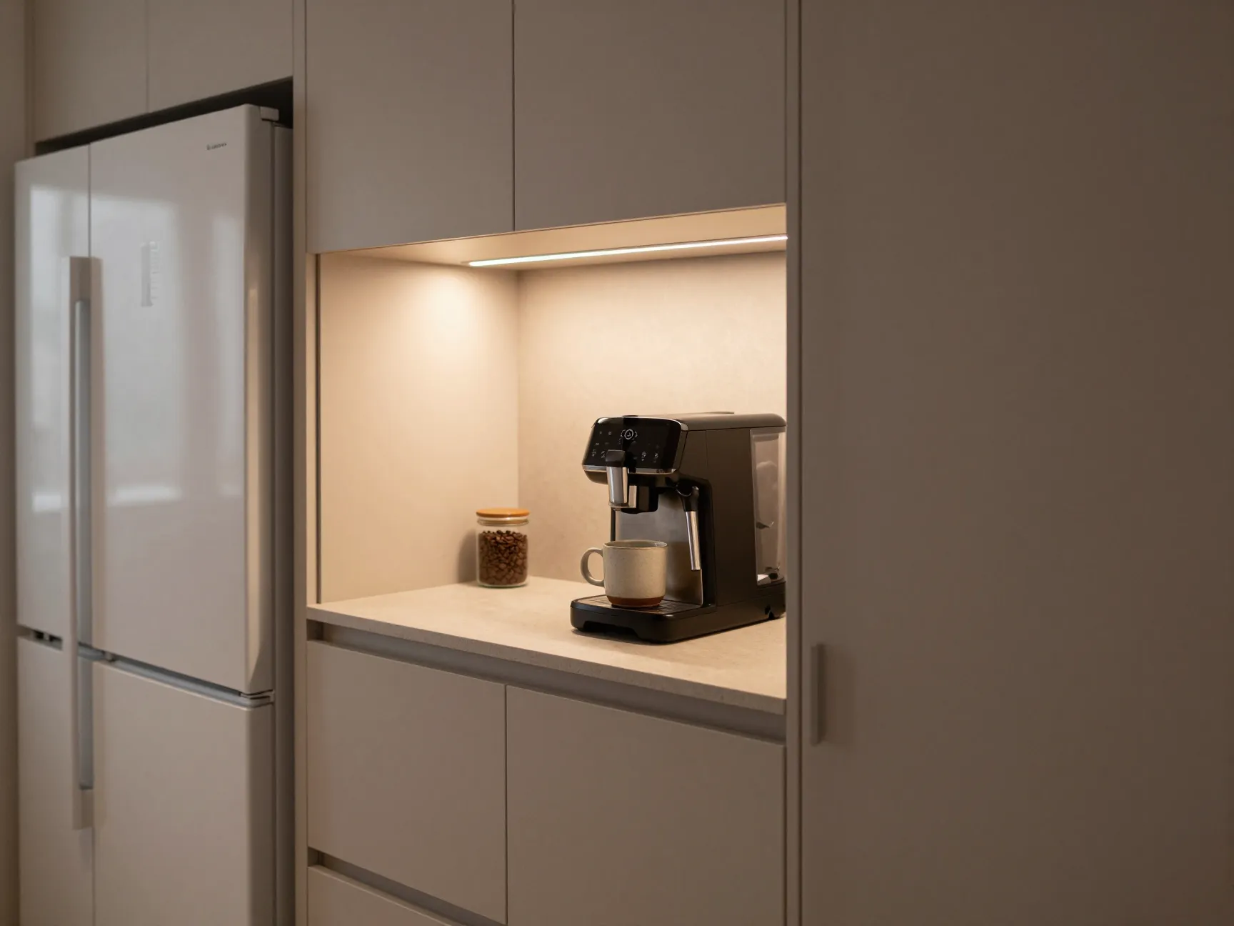 Slim nook bar design with espresso machine under cabinet lighting in a galley kitchen