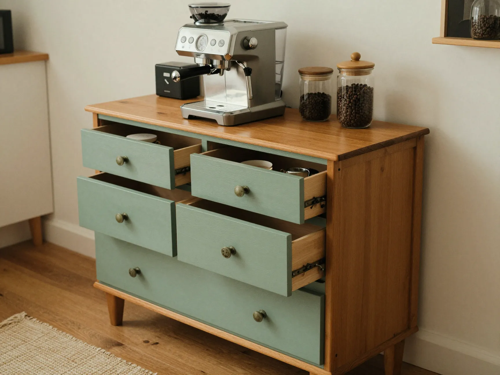 Vintage wooden dresser repurposed as a coffee station with espresso machine and drawers