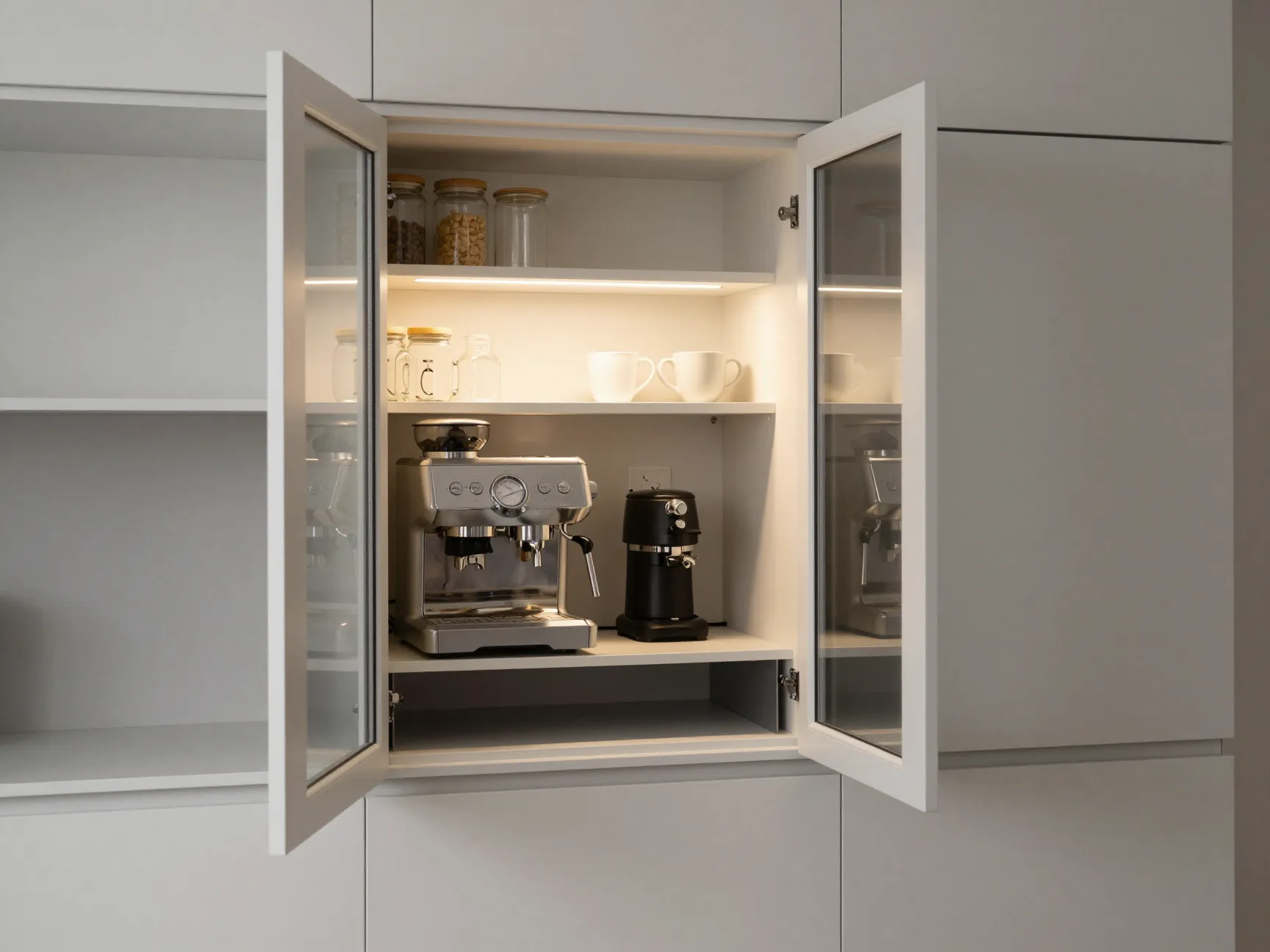 Incognito coffee bar with bi fold doors open revealing interior shelves and lighting