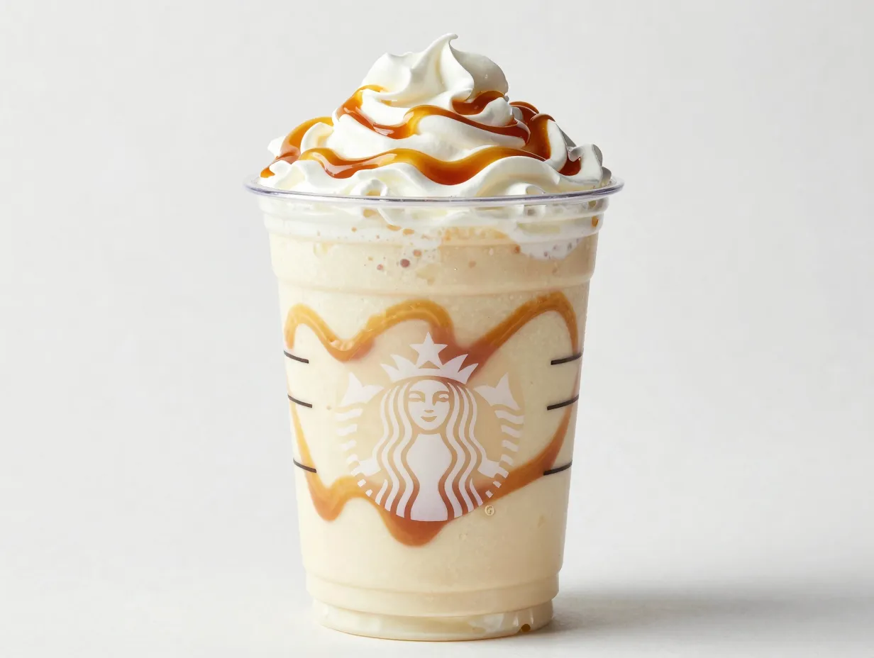 Caramel drizzle lining swirled inside clear frappuccino cup