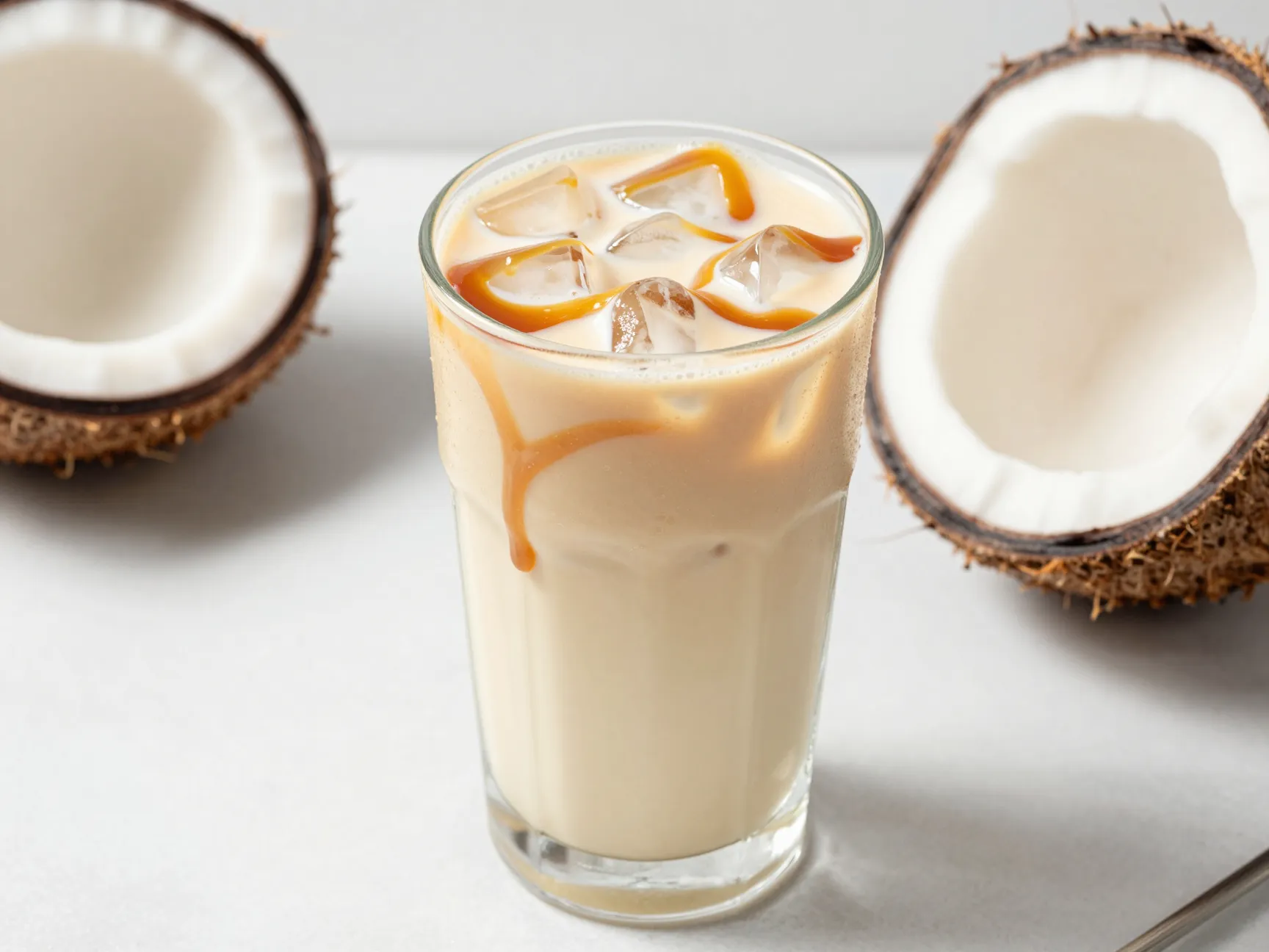 Iced coconut milk caramel macchiato with a light tropical appearance