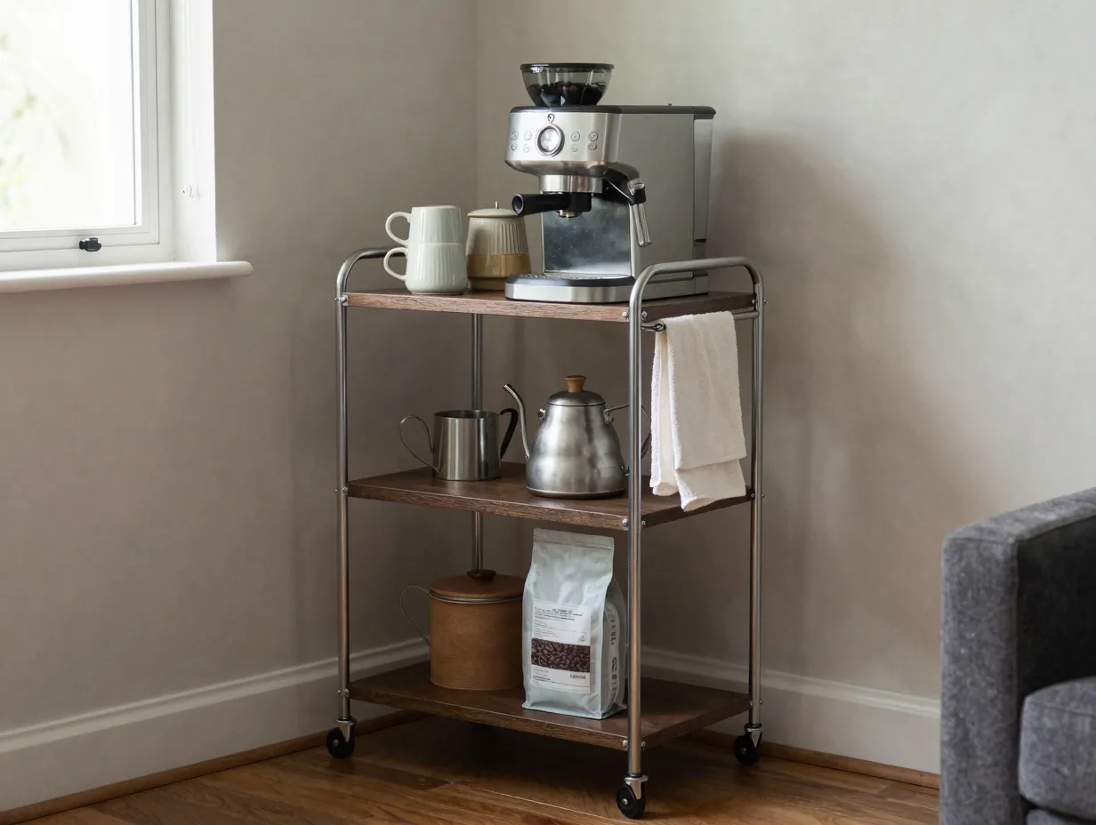 Three tier rolling metal storage cart coffee station in an apartment corner