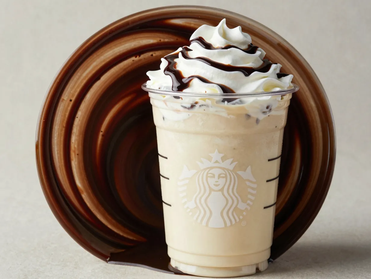 Mocha drizzle lining creates dark swirl in vanilla frappuccino