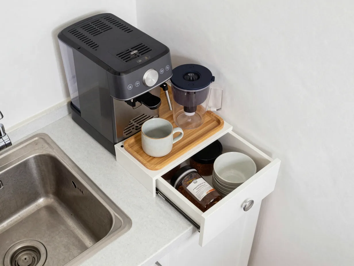 Sink adjacent coffee corner with machine tray and supplies on a kitchen countertop