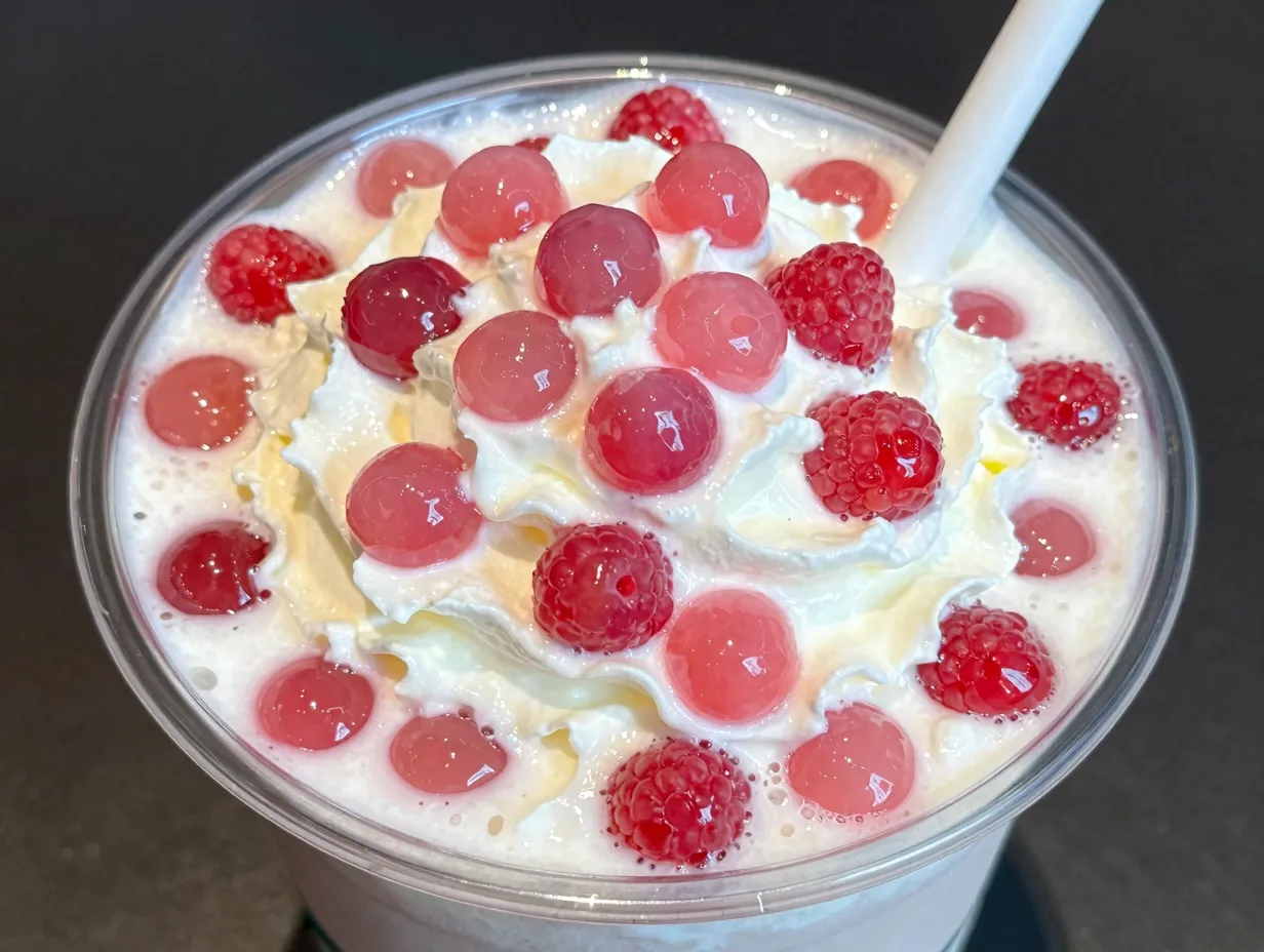 Raspberry pearls topping pink fruity vanilla bean frappuccino