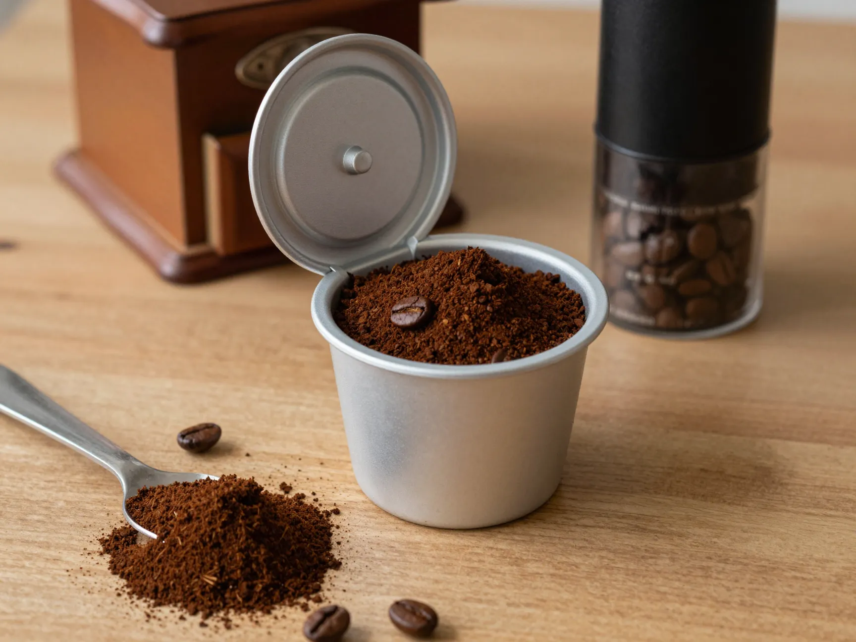 Reusable k cup with fresh coffee grounds beside grinder