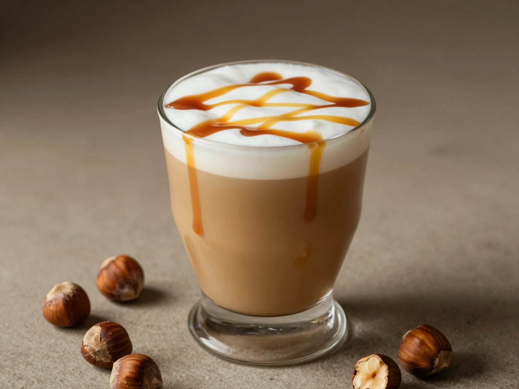 Hazelnut caramel macchiato with nutty syrup and oat milk in a glass