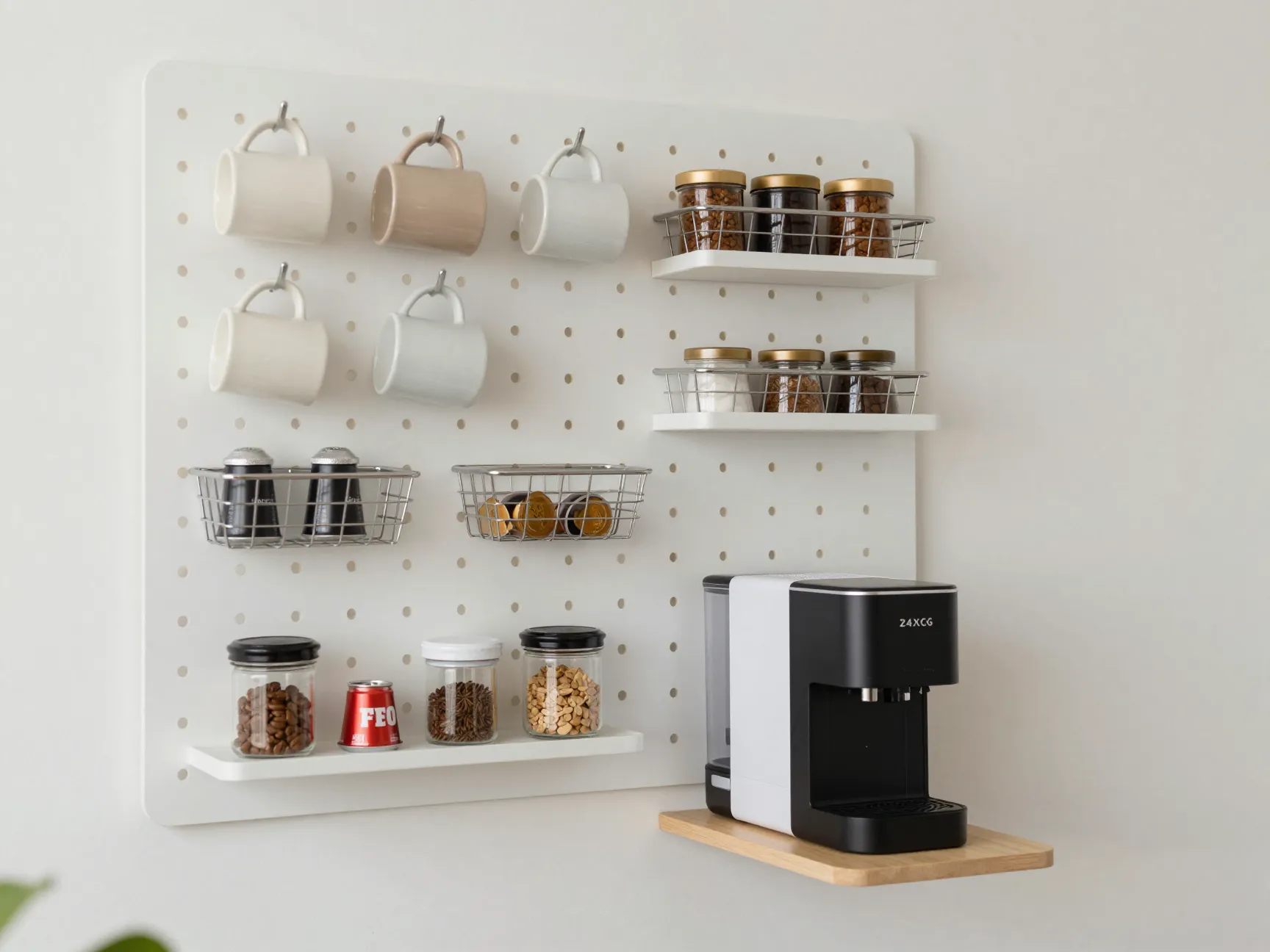 Vertical pegboard coffee station with hooks shelves and a compact pod brewer