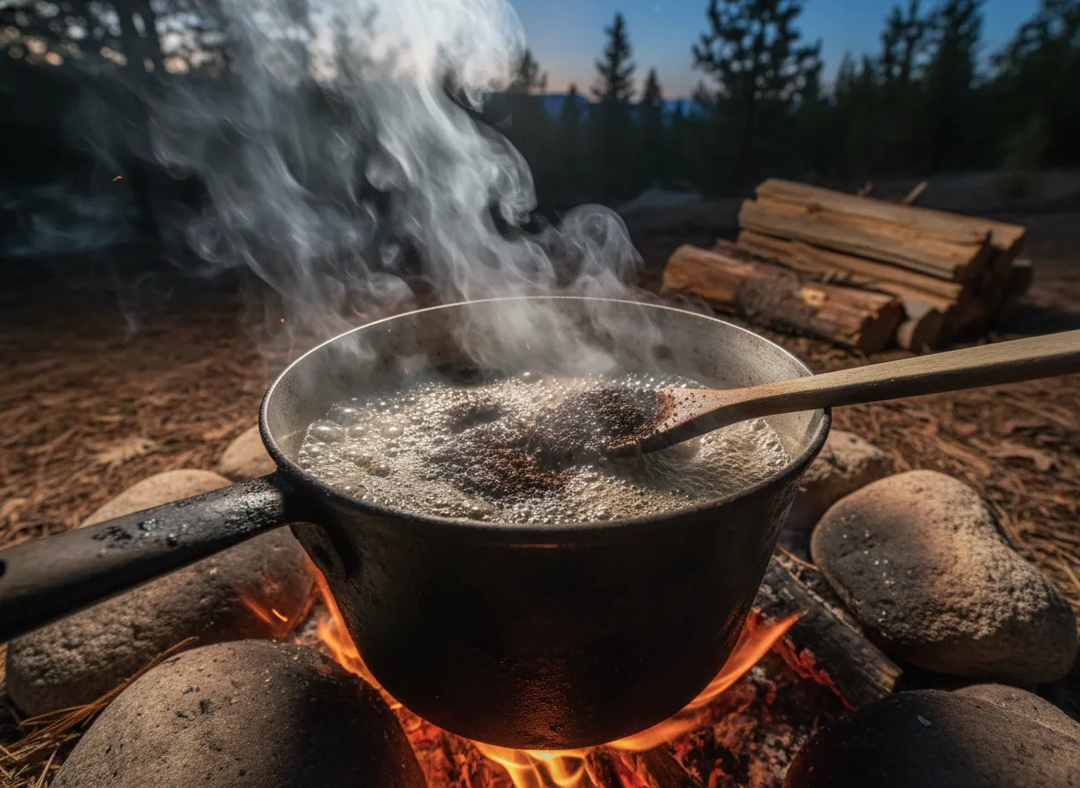 Cowboy coffee brewing method rustic pot over campfire