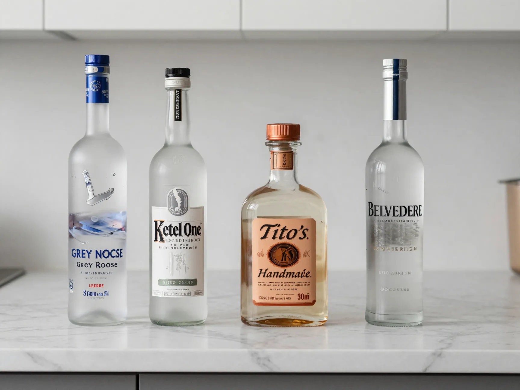 Essential clean neutral vodka selection with four premium brand bottles
