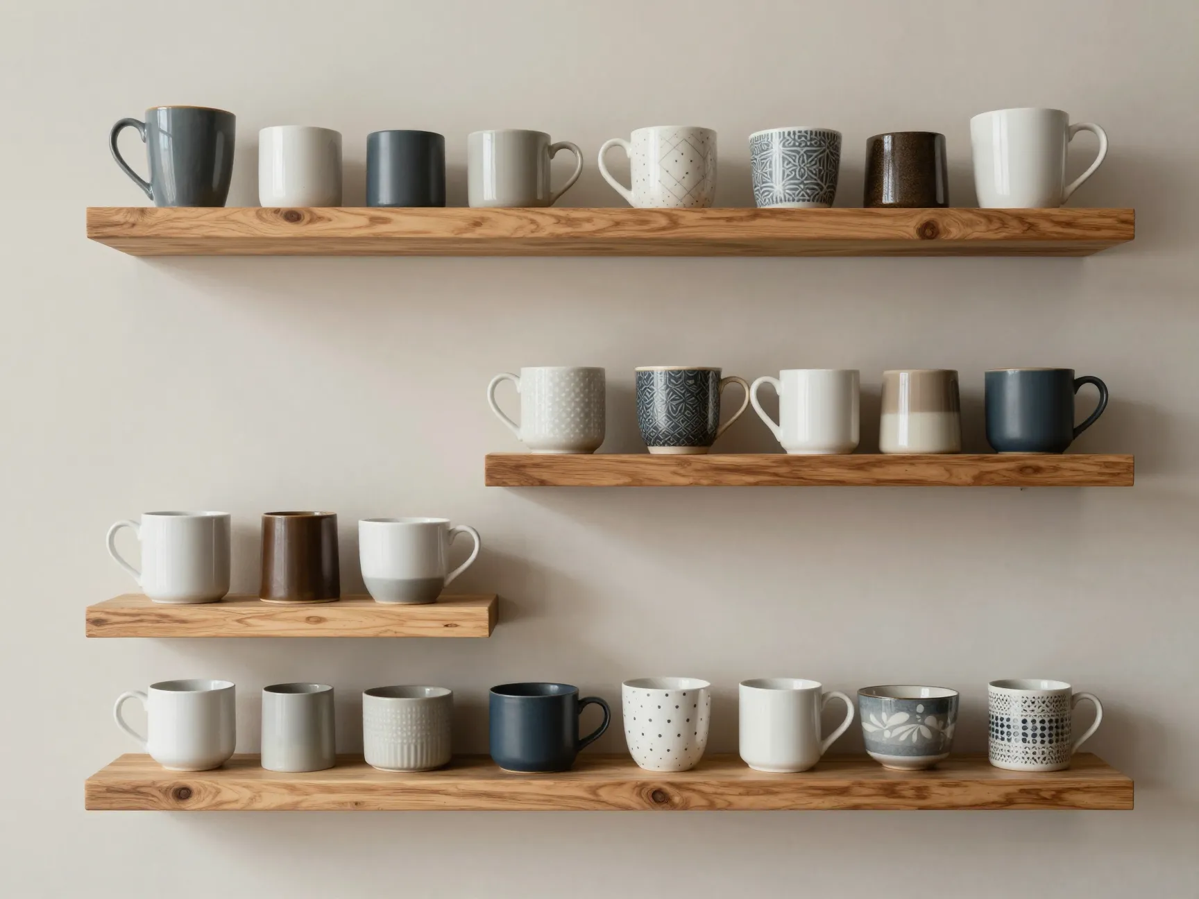 Elegant mug display floating wooden shelves curated collection arrangement