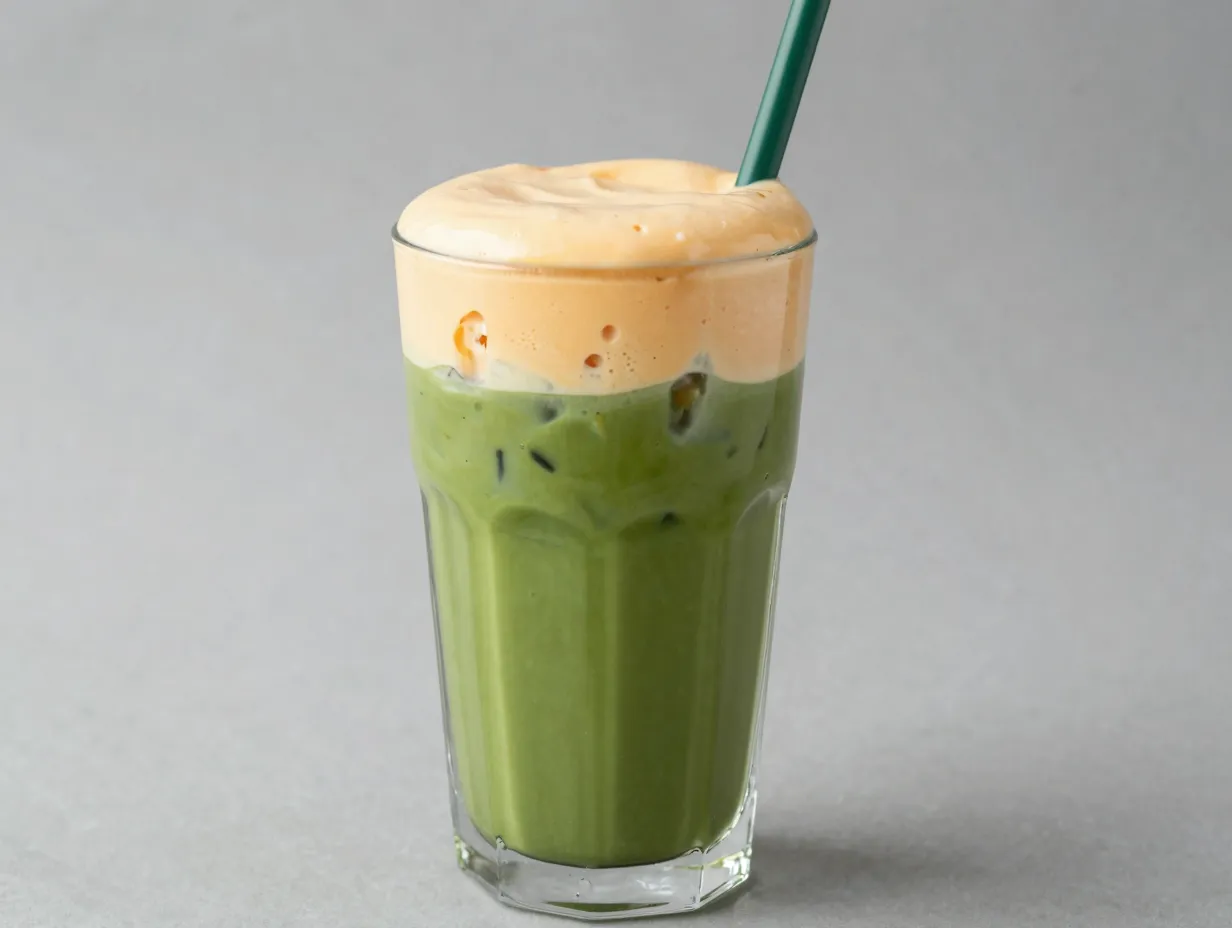 Iced green matcha latte with mango cream foam layer on top