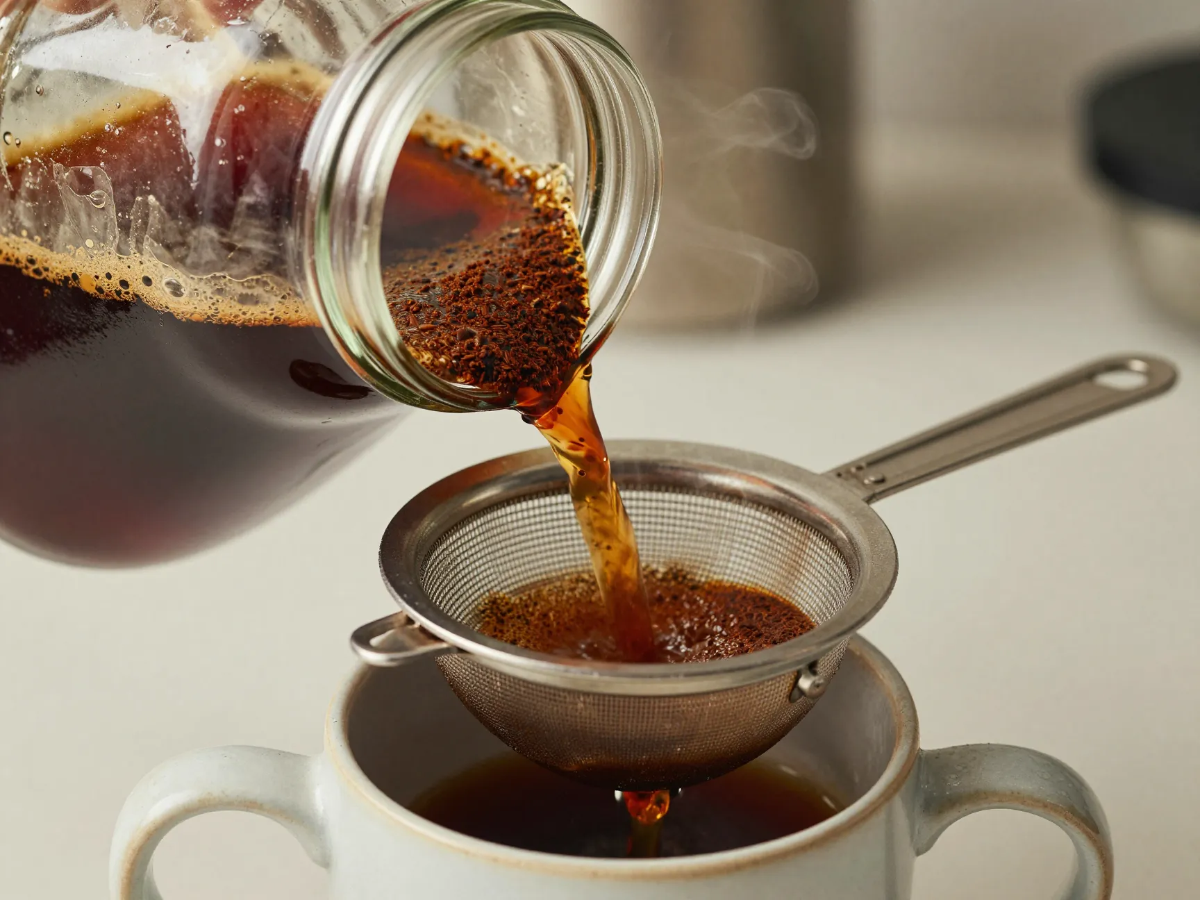 Mason jar french press method with strainer and spoon