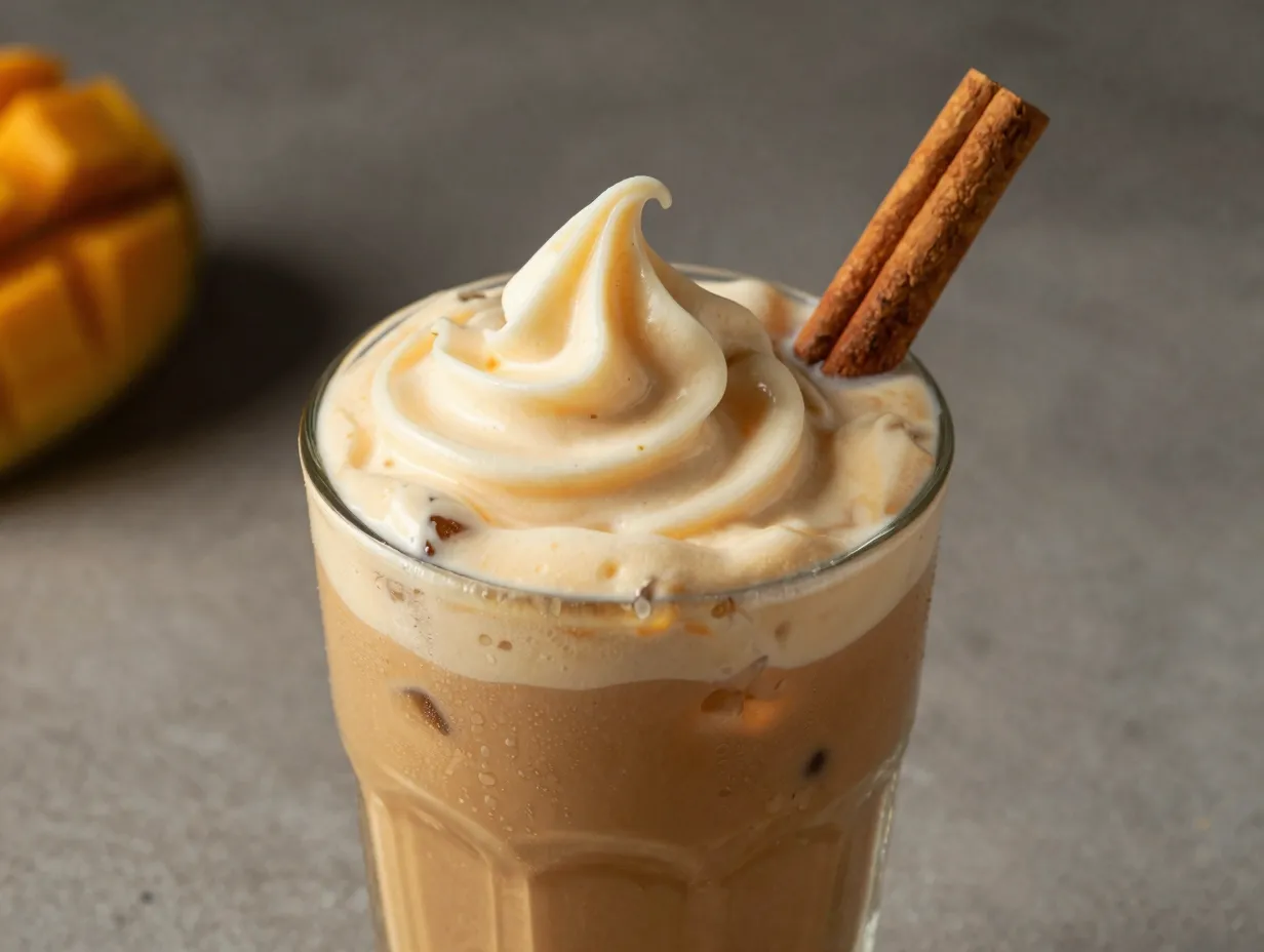Iced spiced chai tea latte with mango cream swirl in glass