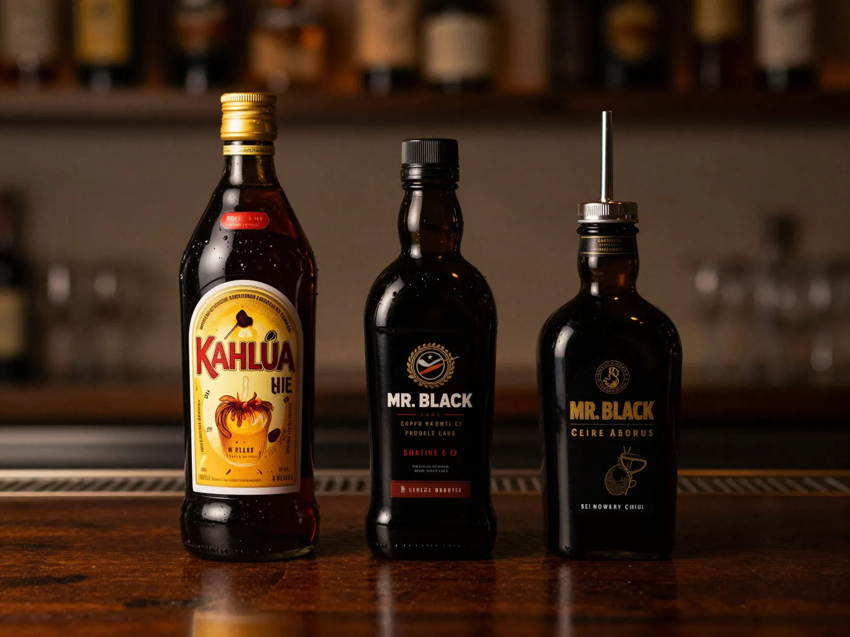 Two coffee liqueur bottles kahlua and mr black side by side comparison