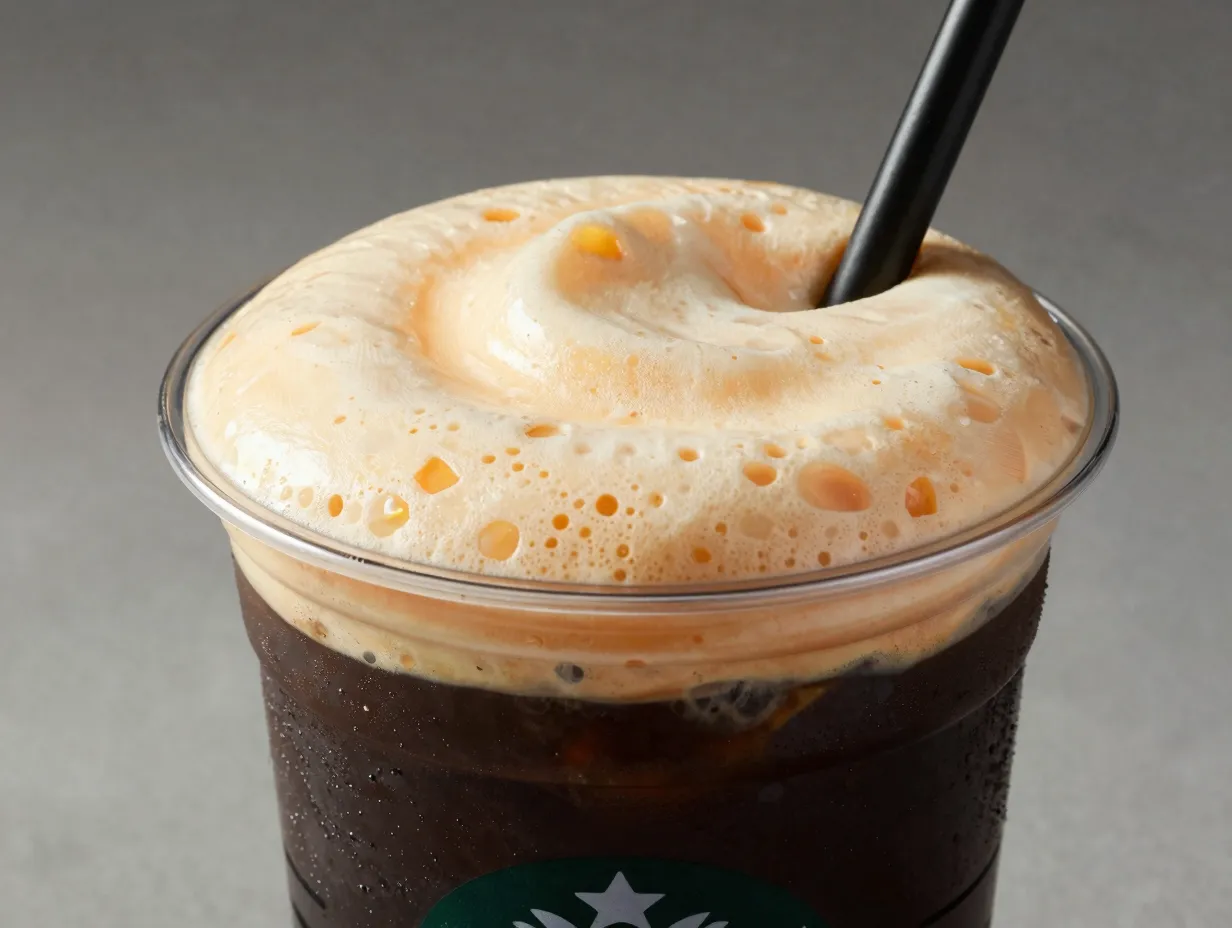 Dark cold brew coffee topped with thick mango flavored cold foam