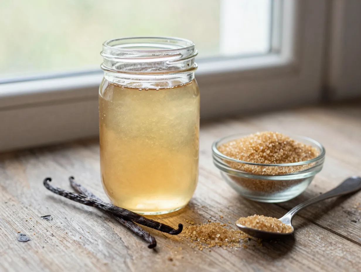 Homemade simple syrup in a glass jar with vanilla bean and raw sugar
