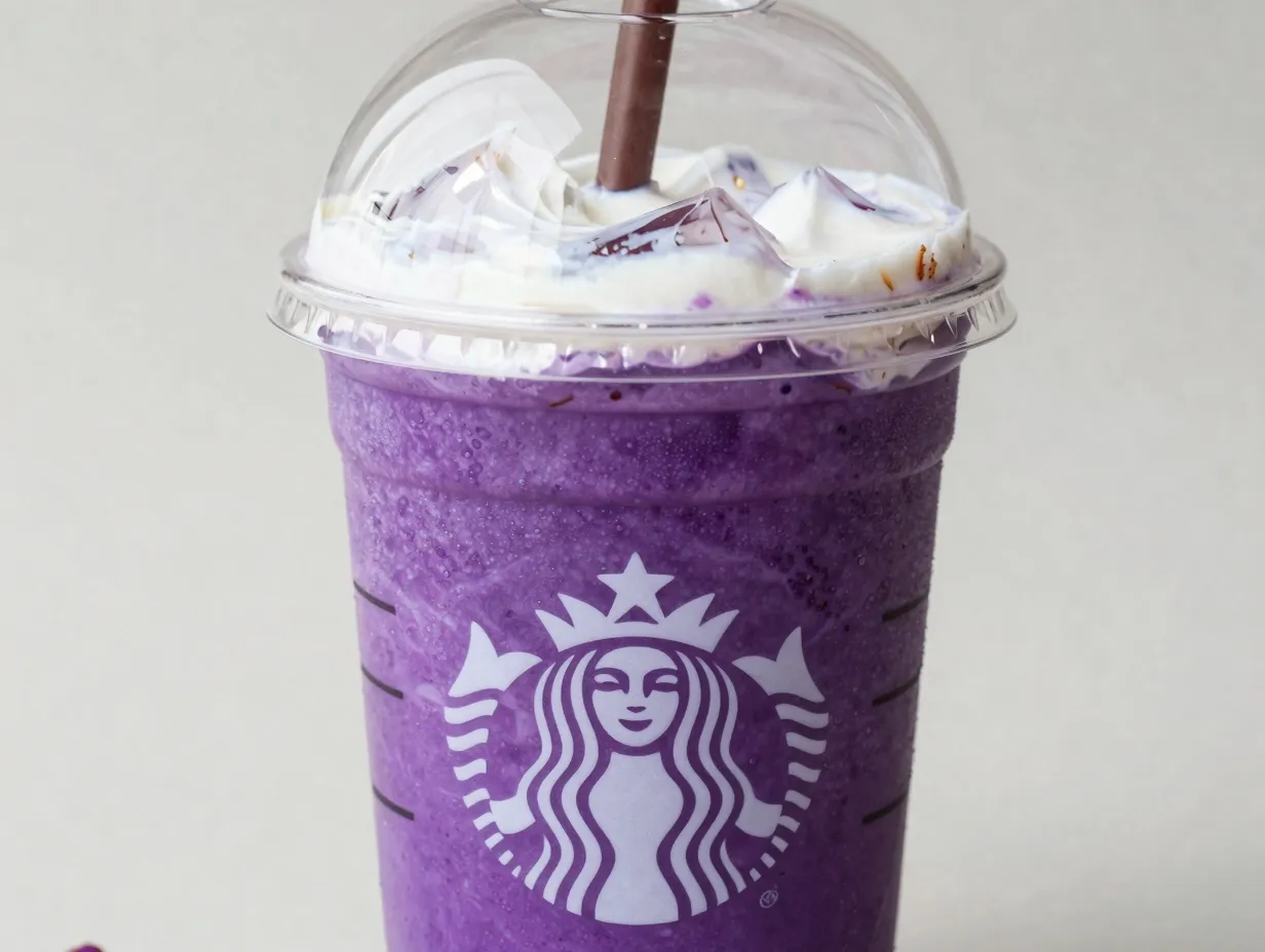 Purple ube coconut cream shaken espresso in clear plastic cup