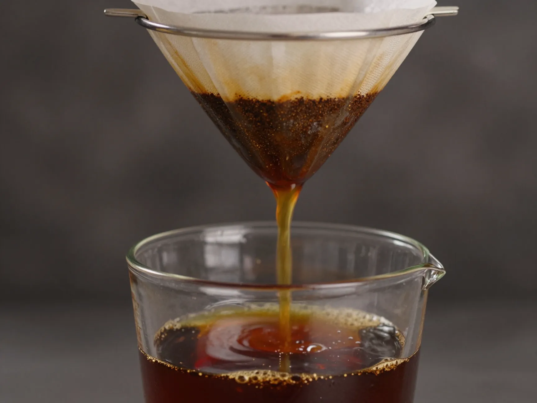 Cold brew coffee concentrate dripping through a cheesecloth filter