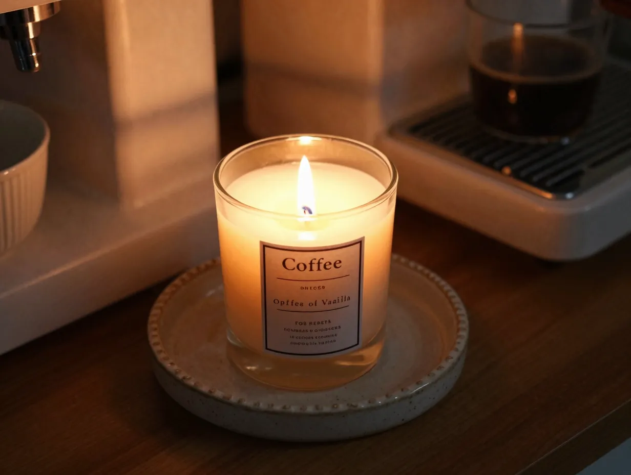 Scented coffee candle flickering flame warm aroma ceramic tray