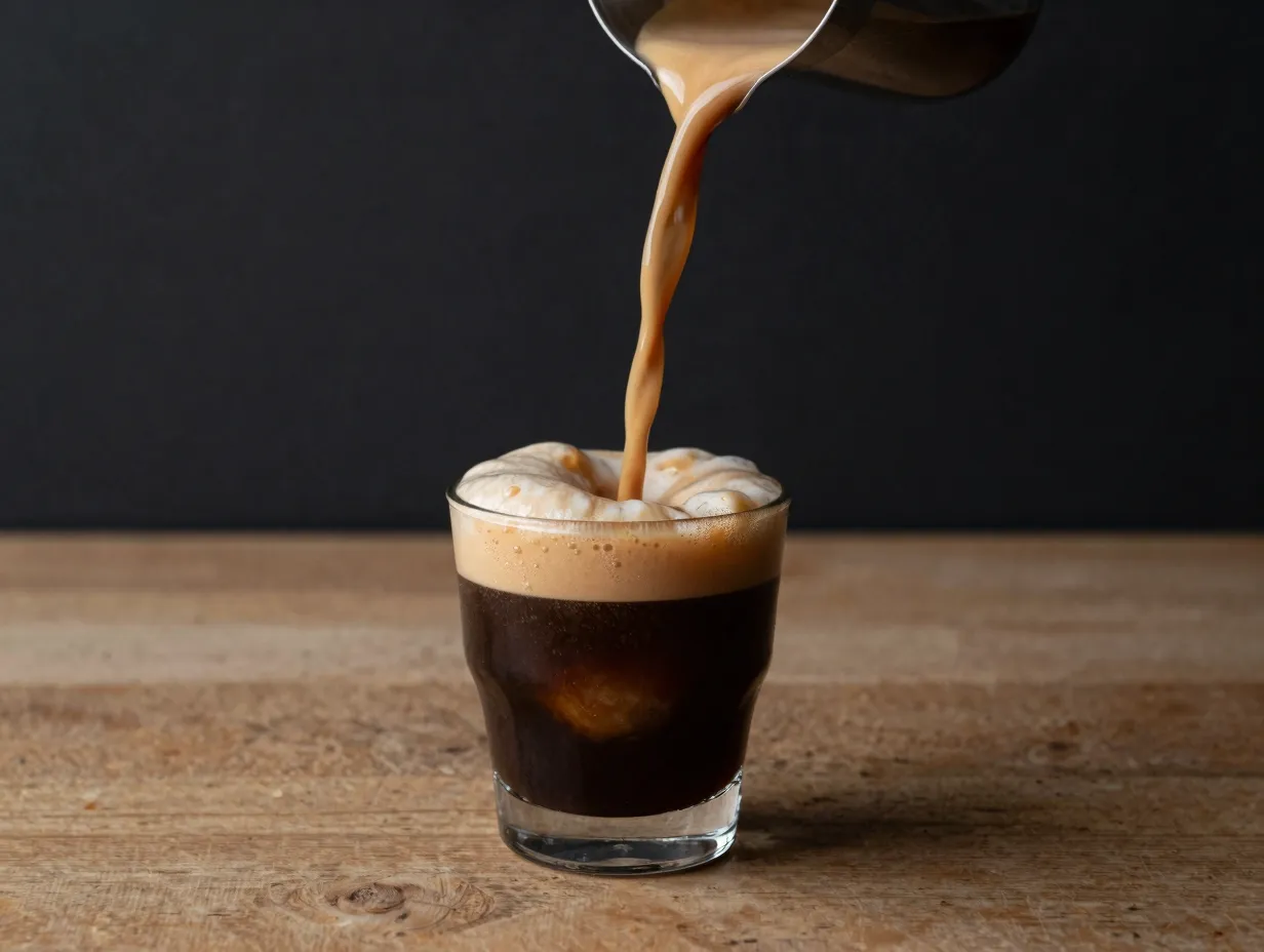 Velvety black nitro cold brew cascading in a small clear glass