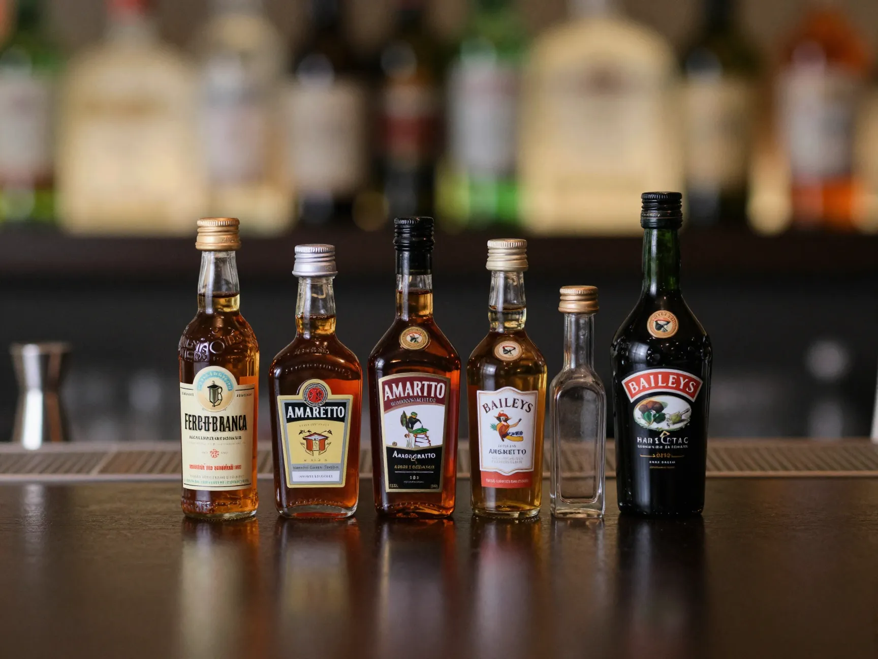 Four small liqueur bottles for complexity amaro fernet amaretto baileys