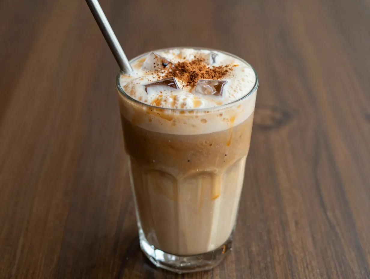 Iced blonde espresso drink with brown sugar and oat milk foam