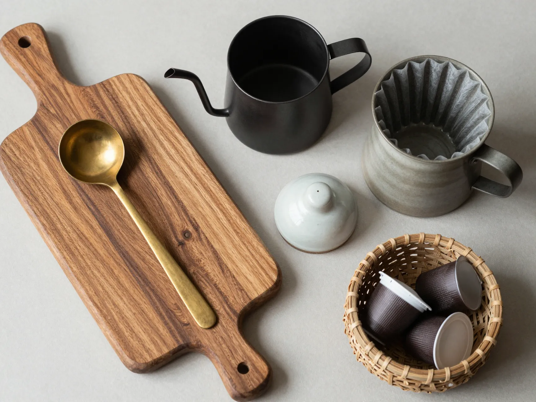 Materials textures wood metal ceramic woven basket cohesive design