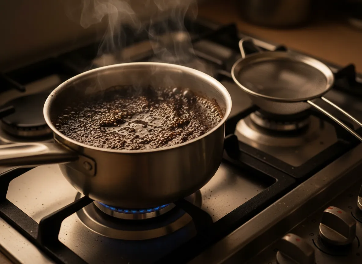 Stovetop saucepan espresso method fine grounds simmering