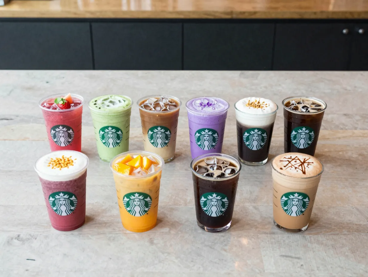Assorted starbucks energy drink lineup on a modern cafe counter