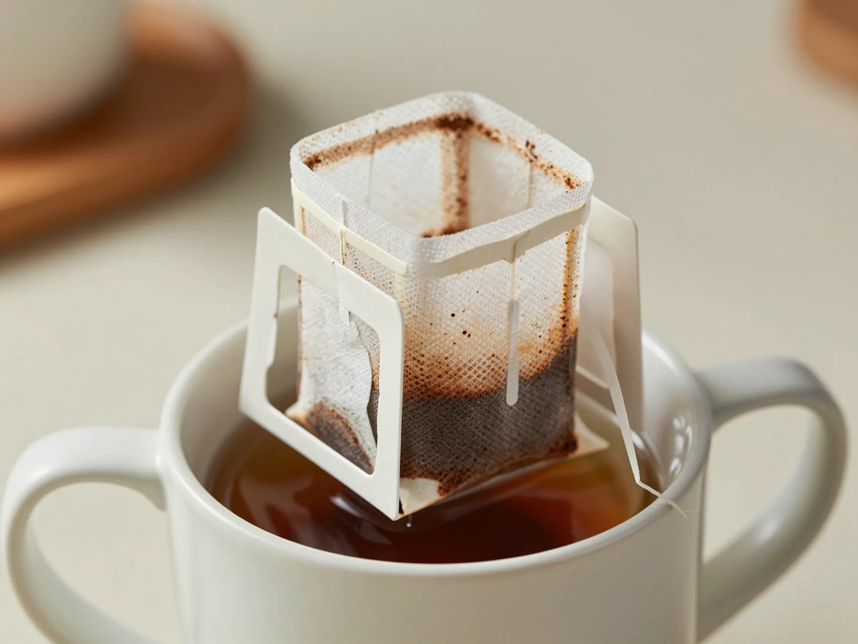 Diy coffee bag method filter tied with string in mug