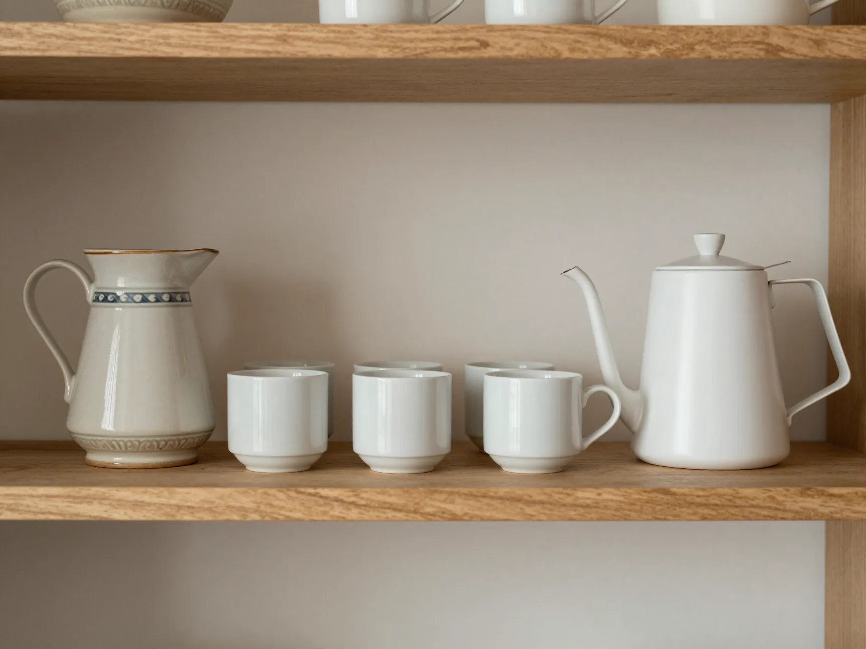 Layer vintage minimalist design ceramic pitcher clean white mugs shelf