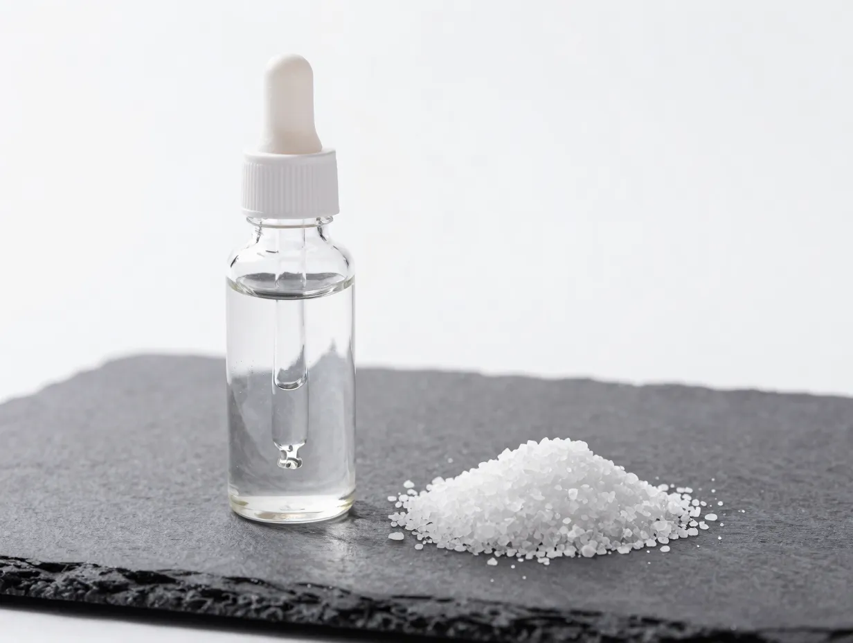 Glass dropper bottle of clear saline solution next to salt crystals